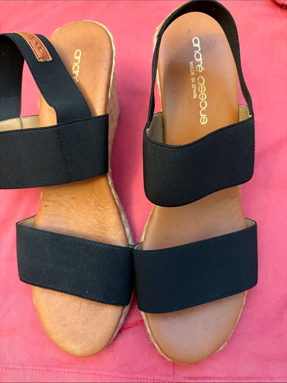 Andre Assous Black Elastic Strap Wedge Sandals
